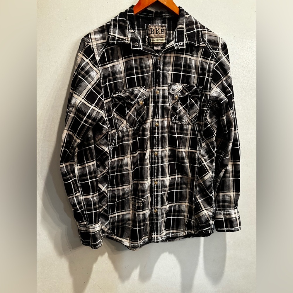 BKE Men's Black and White Plaid Shirt Jacket fall gorp cabin cabin biker